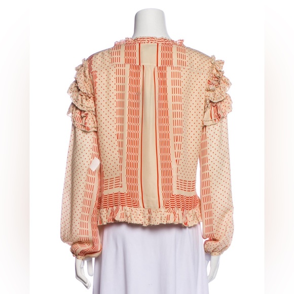 Nicholas cream and red striped ruffle silk button-down blouse - Picture 3 of 10